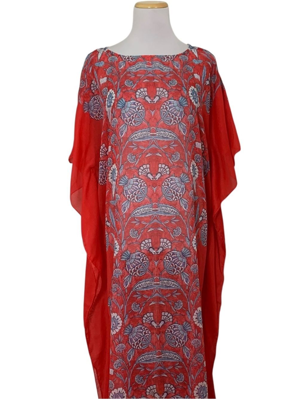 Floral Boho Kimono Kaftan Red Lightweight Semi Sheer